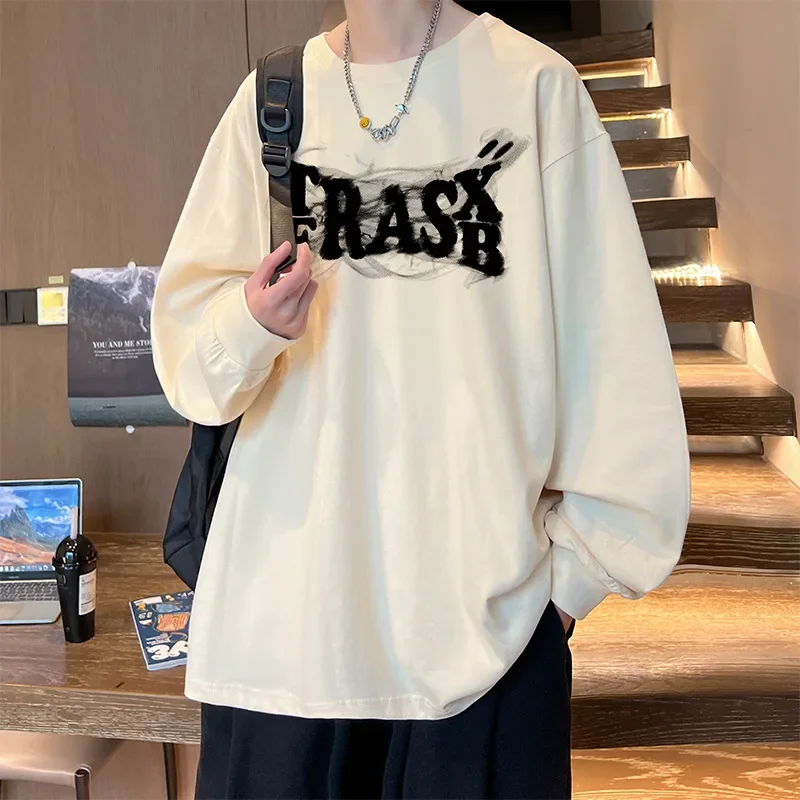 Модная брендовая осенняя мужская футболка с длинным рукавом из чистого хлопка