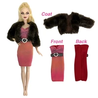nk official 1 set outfit brown fur coat red skirt dress party wear 16 doll fashion clothes for barbie doll accessories toys