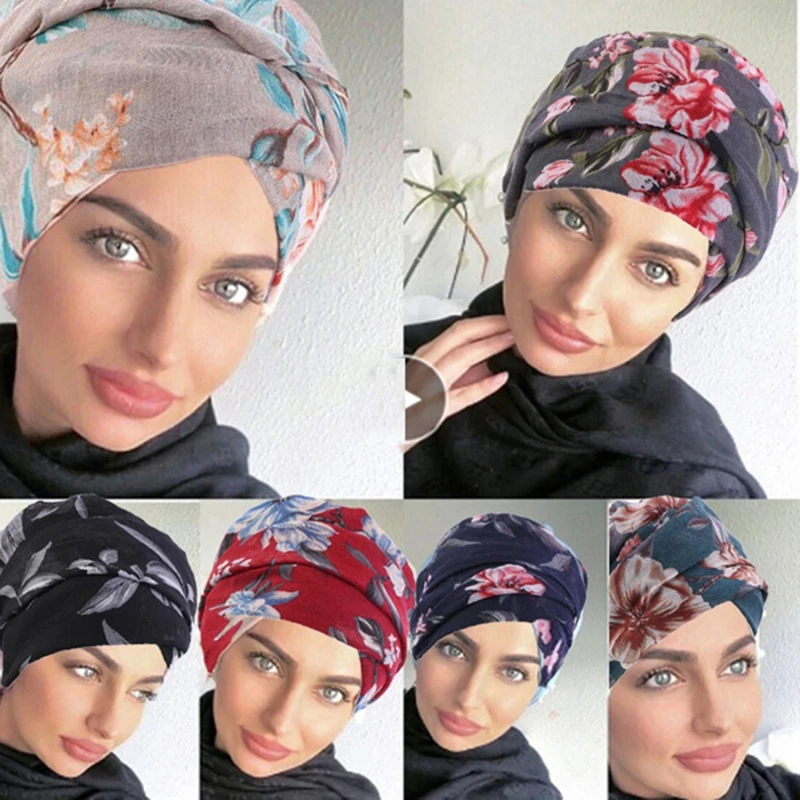 

Women Muslim Cotton Turban Folding Cross Knotted Hair Ribbon Scarf Elastic Head Wrap Headwear Bandanas Lady Hair Hats Beanie