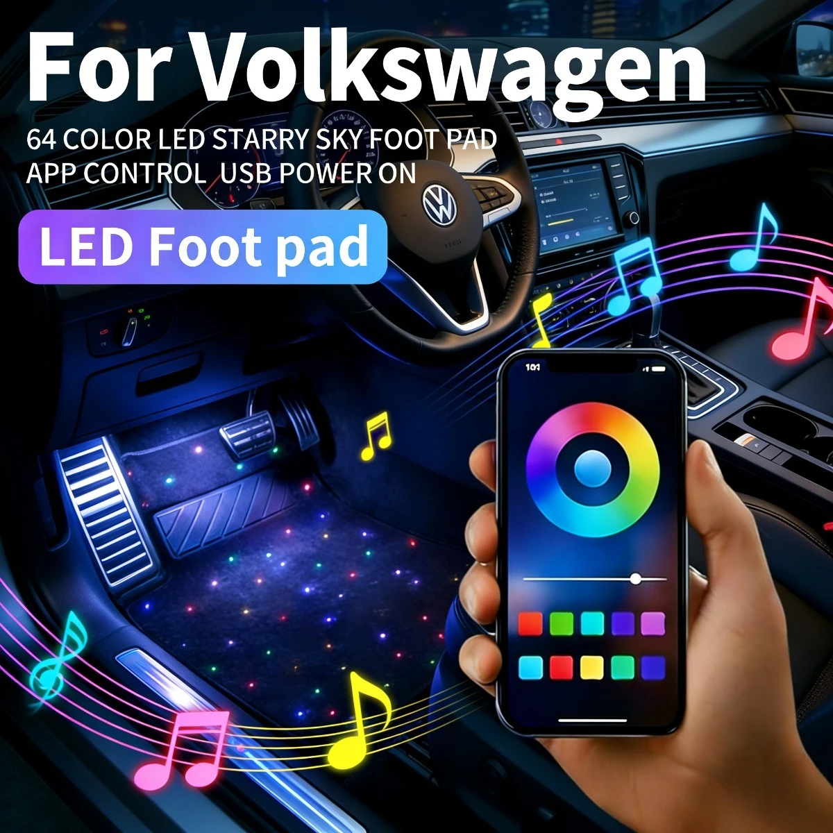 Фото Для VolkswagenGolf Polo T-Cross Caddy Touran Jetta Vento Talagon Tiguan Touareg USB Автомобильный светодиодный коврик для ног со звездным небом DIY можно разрезать №1