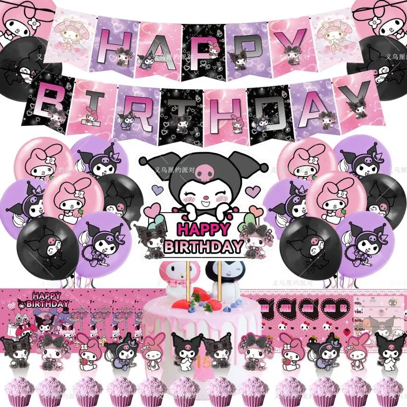 

Kawaii Sanrio Cartoon Hello Kitty Kuromi Anime Devil Creative Doll Print Banner Cake Flag Balloon Kids Birthday Party Set Toys