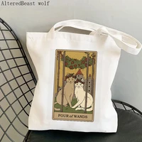 women shopper bag witchy magic four of wands cat tarot card bag harajuku canvas shopper bag girl handbag shoulder lady bag