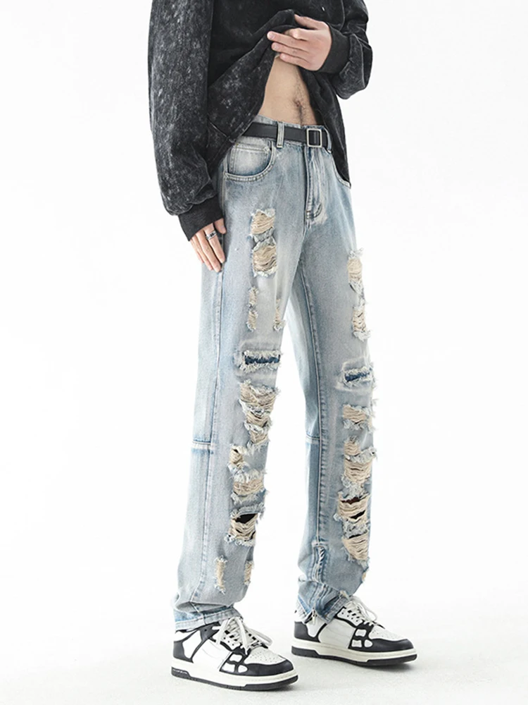 Original Ripped Jeans for Men Vintage Wash Hole Loose Micro Horn Jeans Trousers High Street Men Clothing Streetwear Denim Pants