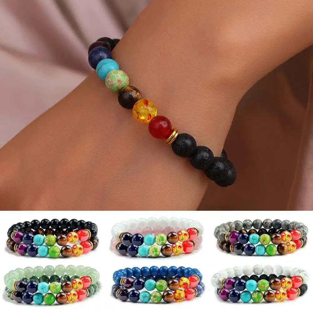 

1 Pair Beaded Bracelet Double Layer Colorful Natural Volcanic Stone Wristwear Women Men Yoga Sport Chakra Bracelet Couple Gift