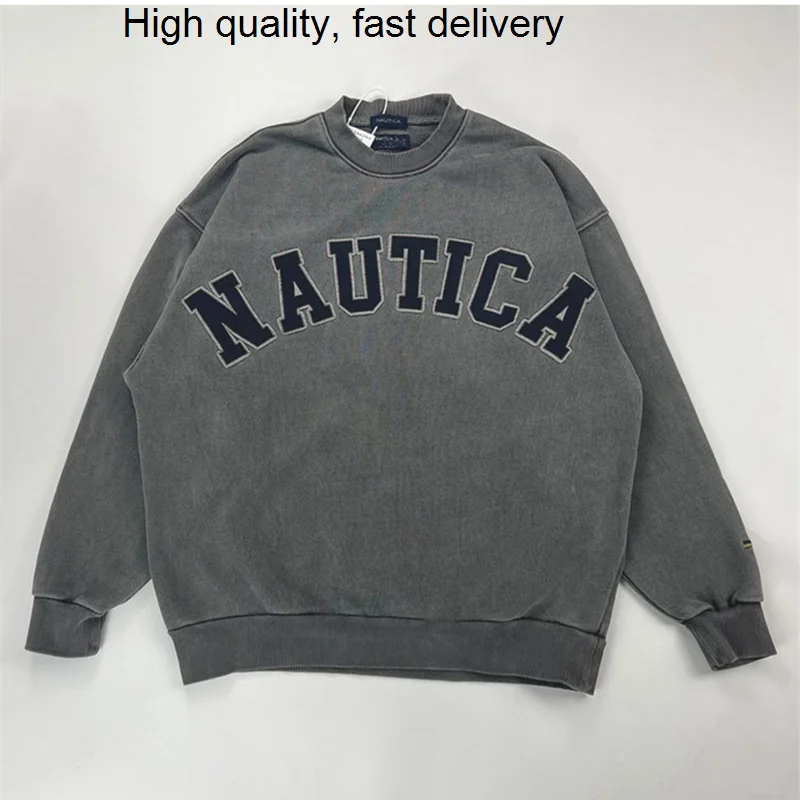 

JAPAN 22SS NAUTICA Embroidery Of Letters On Chest Round Neck Dilapidated Washing Casual Fashion Men's And women's Loose Hoodies