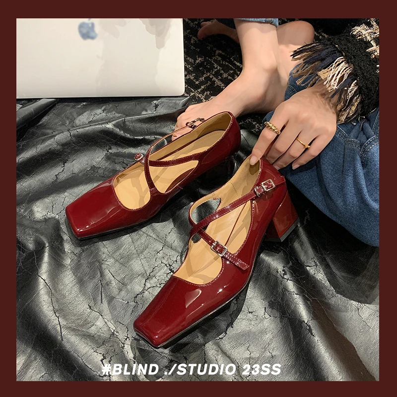 

2023 new spring women pumps natural leather 22-24.5cm length cowhide+sheepskin square toe Cross buckle Mary Jane shoes