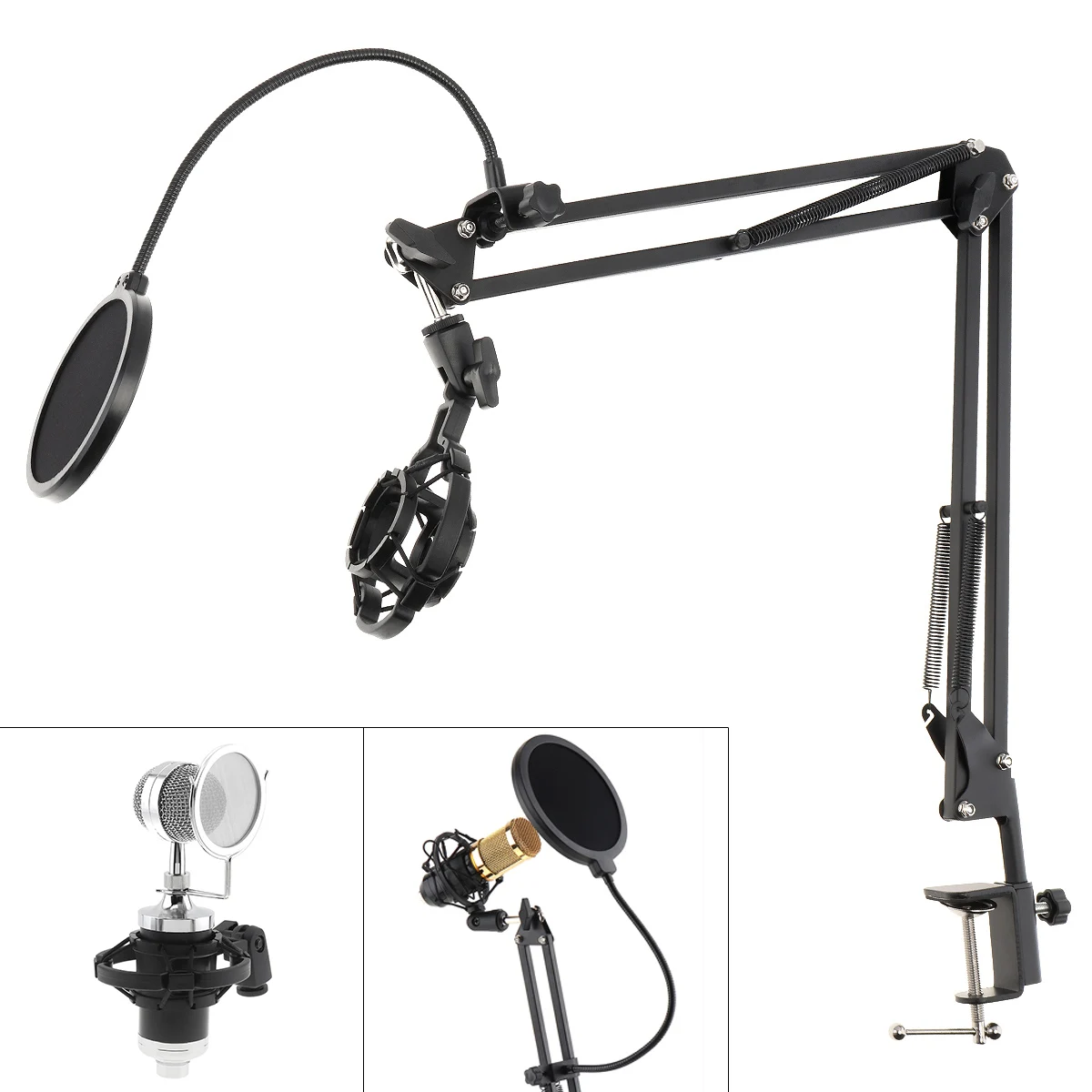 

Microphone Holder Bracket with Double Layer Microphone Pop Filter and Table Clips for Live Broadcast Studio Speaking Recording