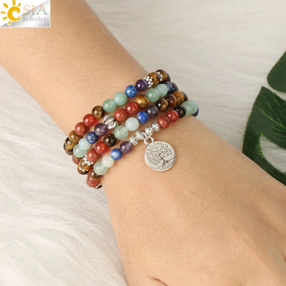 

CSJA 7 Chakras Tiger Eye Bracelets 108 Mala Yoga 6mm Beads Tibetan Buddhist Femme Pulseras Mujer Bracelet Pierre Naturelle S558