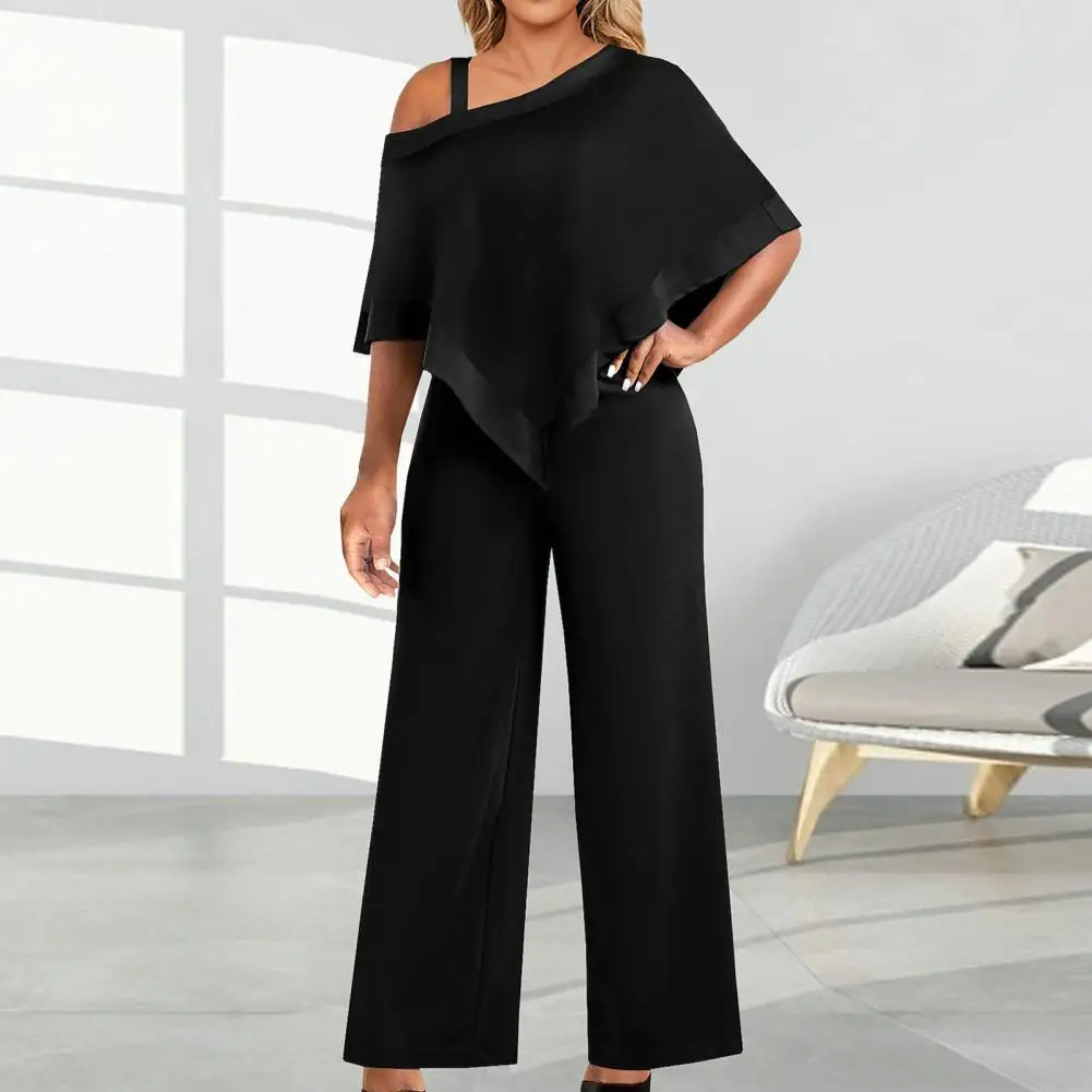 

Irregular Jumpsuit Fashionable Women's One Shoulder Jumpsuit Wide Leg Solid Color Loose Fit Oblique Neck Irregular for Straight