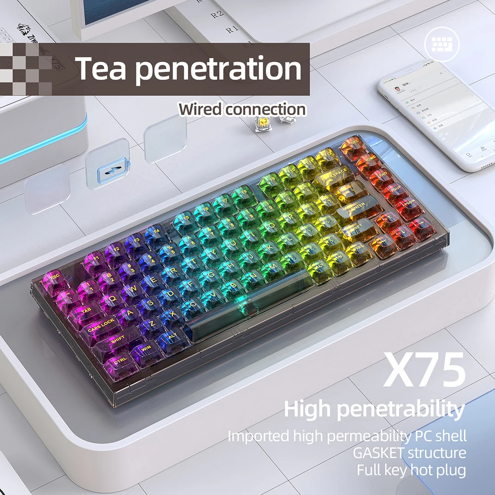 

82 Keys Mechanical Keyboard Bluetooth-compatible Transparent Mechanical Keyboard Keycaps RGB Light Hot Swap for Desktop Computer
