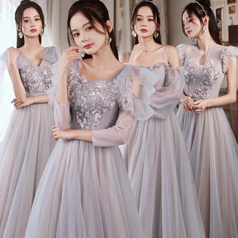 

Bridesmaid Dresses Empire Full Sleeves Pleat A-Line Floral Print Square Collar Floor-Length Elegant Lady Formal Party Gown E1241