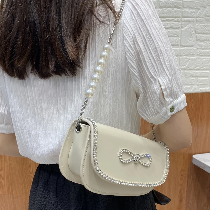 

White Crossbody Bag for Women Rhinestone Pearl Chain Shoulder Bag New Niche Bags Ladies Bow Handbag High Brand Fashion Design