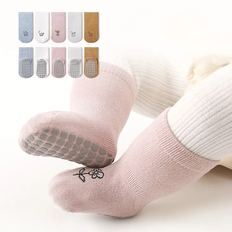 

1 Pair Kids Thicken Non-slip Floor Sock Simplicity Retro Floral Calf Sock for Toddler Boy Girl Autumn Winter Combed Cotton Sock