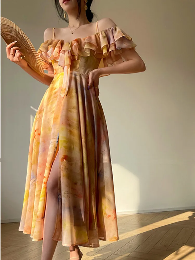 

SMTHMA Новое модное сексуальное летнее платье на бретельках, женское платье с принтом во французском стиле, праздничное длинное платье с рукавами-крылышками и оборками, Vestidos