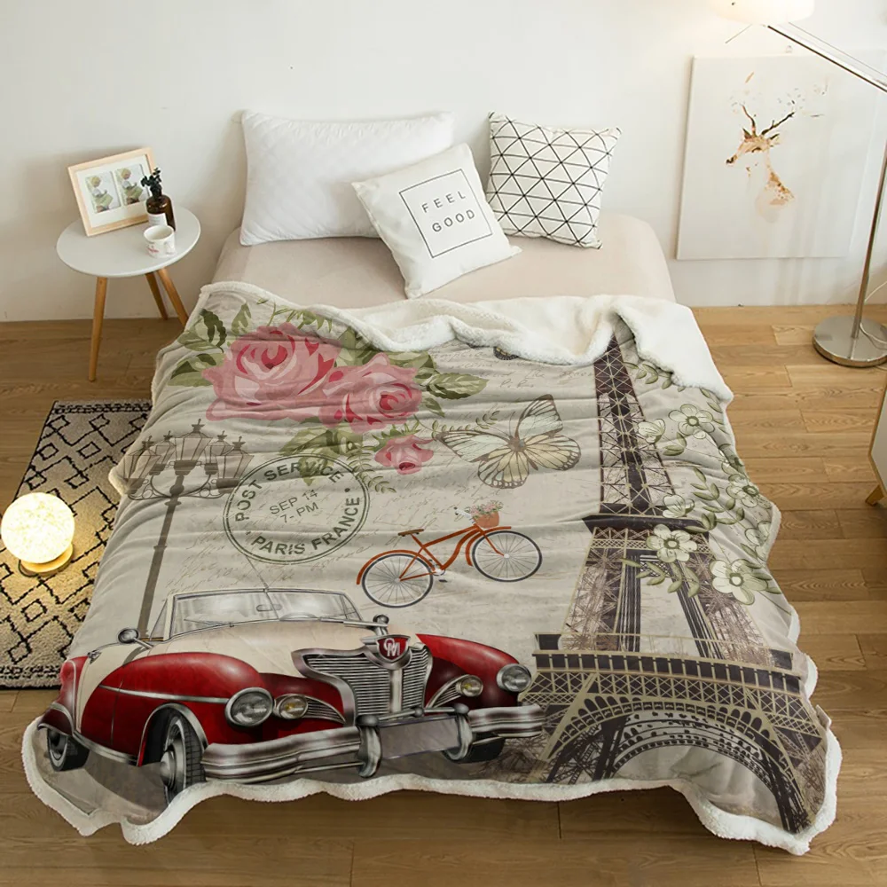 

Eiffel Tower Flowers Car Bike Retro Style Butterfly Cashmere Blanket Thick Winter Bed Lamb Blankets Office Sofa Bed Bedspread