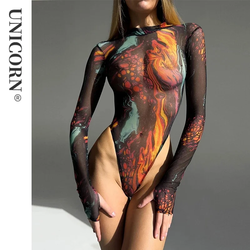 

Sexy Tie Dye Bodysuit Long Sleeve Lingerie Body Uncensored Tight Fitting Woman Crotchless Mesh Sexy Tops See Through Outfit