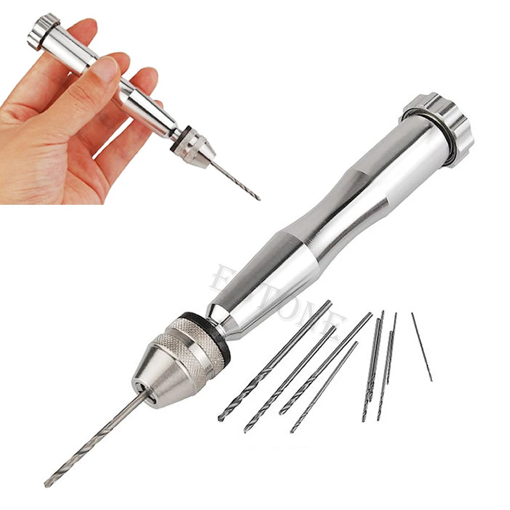 

Micro Aluminum Hand Drill With Keyless Chuck +10 Twist Drills Rotary Tools Hot