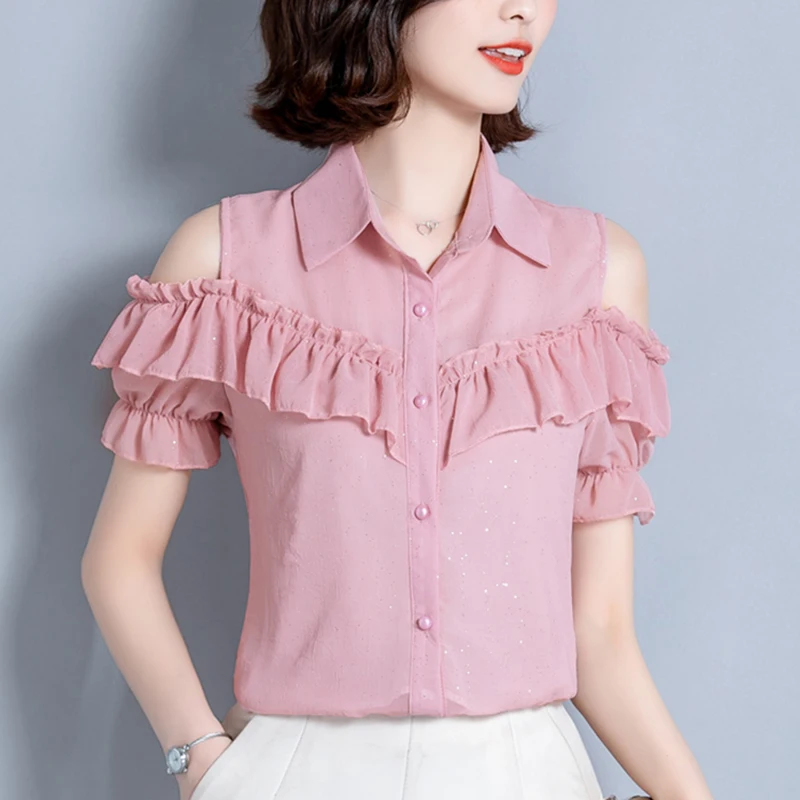 

New Summer White Chiffon Women Blouses Shirt Fashion 2023 Short Sleeve Shiny Ruffle Women Tops Off Shoulder Office Lady Blusas