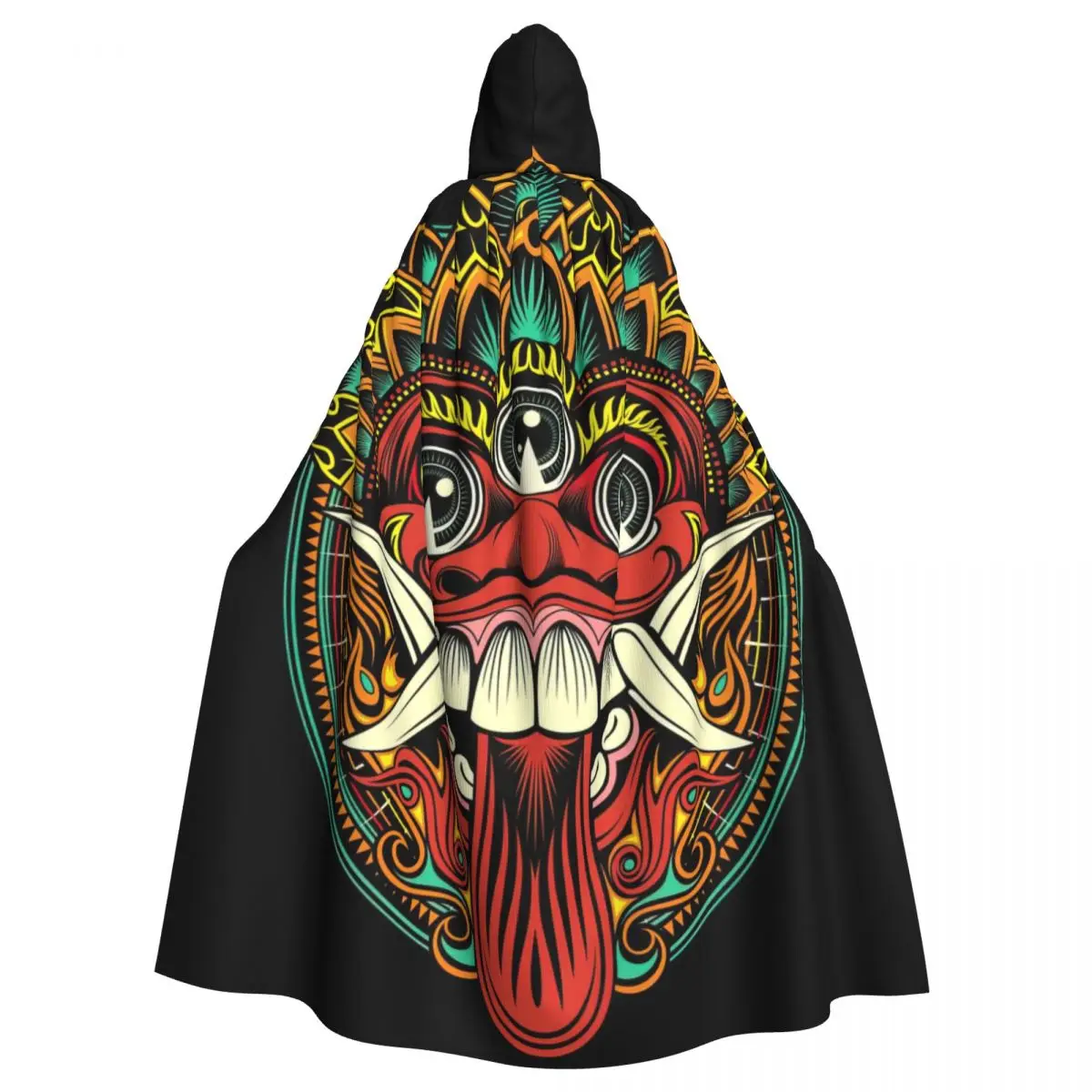 Traditional Ritual Balinese Mask. Vector Outline Hooded Cloak Halloween Party Cosplay Woman Men Adult Long Witchcraft Robe Hood