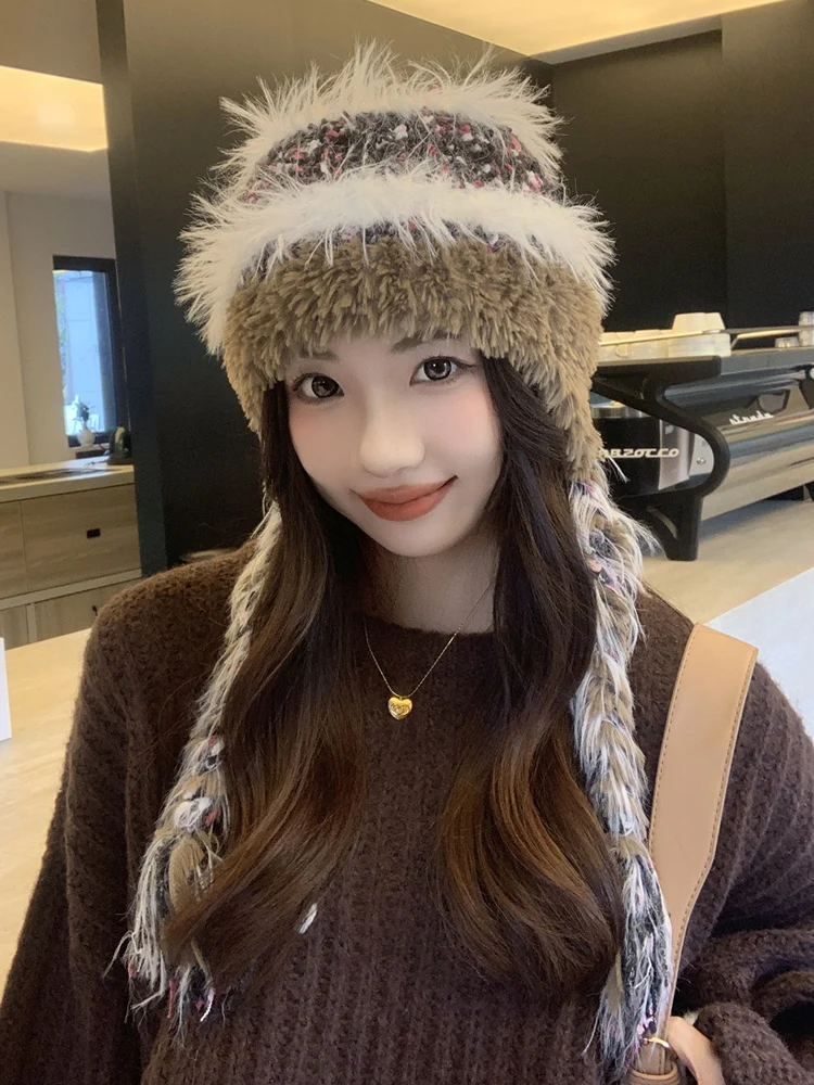 Осенне-зимняя полосатая лоскутная вязаная шерстяная шапка женская толстая