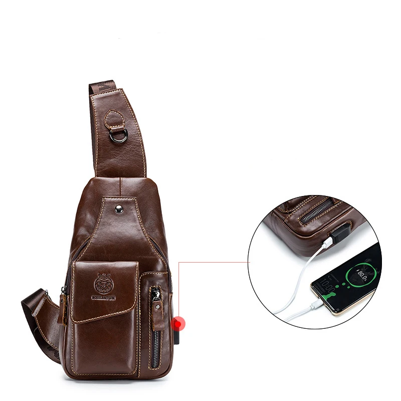 Men Original Chest Bag Real Leather Crossbody Chest Sling Bag USB Design Travel One Shoulder Bag Daypack Male Vintage Chest Pack