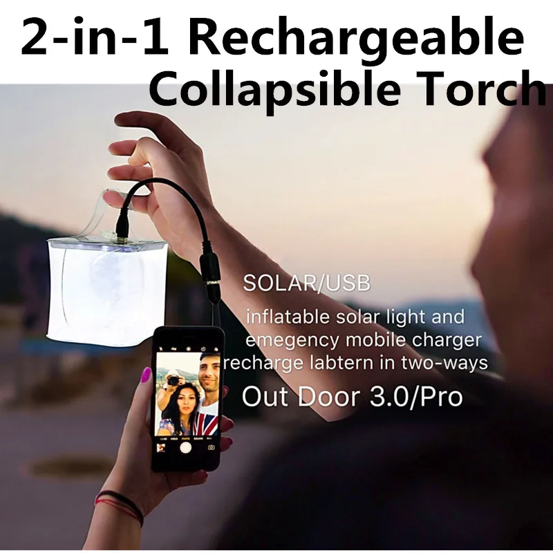 

2-in-1 Rechargeable Solar Camp Light LED USB Camping Lantern Portable Outdoor Lamp Collapsible Torch Emergency Phone Charger