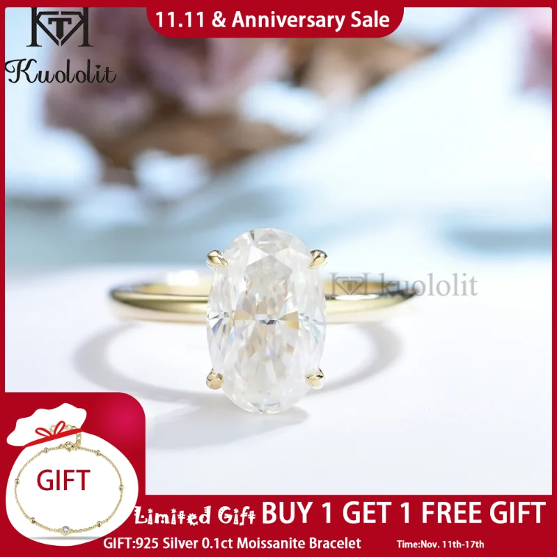 

Kuololit Crushed Ice 3CT Oval Moissanite 18K 14K 10K 585 Yellow Gold Ring for Women Hide Halo Luxury Ring for Engagement Wedding