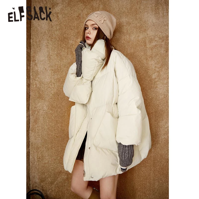 ELFSACK White Down Coats Women 2022 Winter New Loose Collar Detachable Jackets