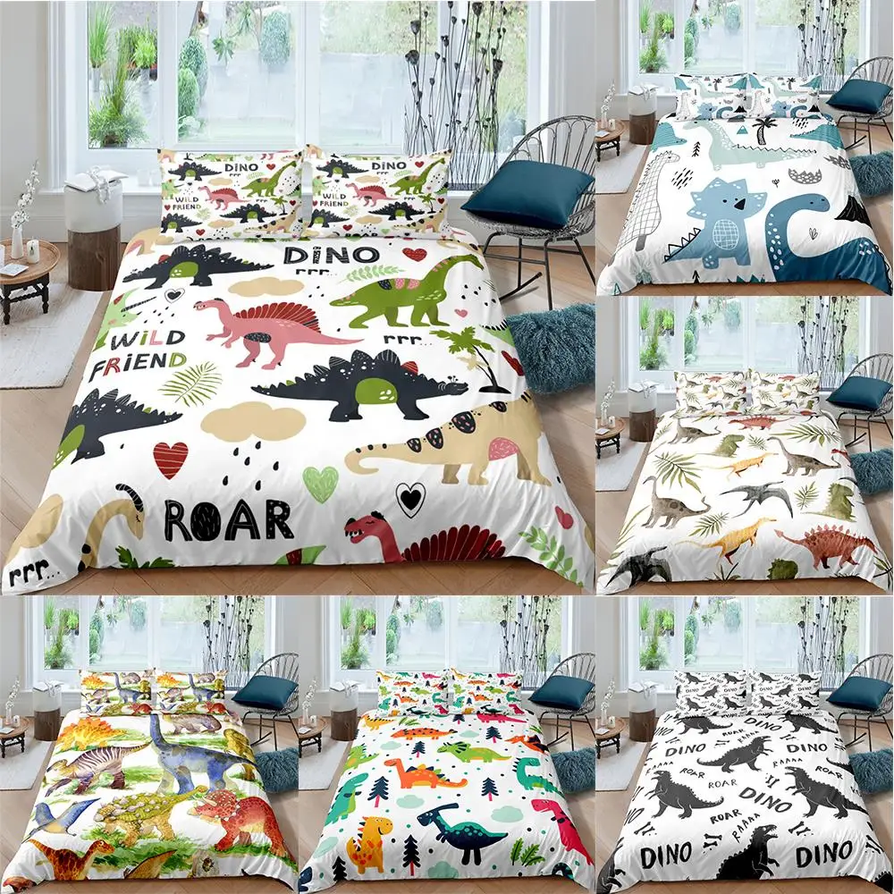 

3D Small Dinosaur Cartoon Cute Simple Bedding Set Couple King Single Size For Kids Children Quilt Cover Pillow Case