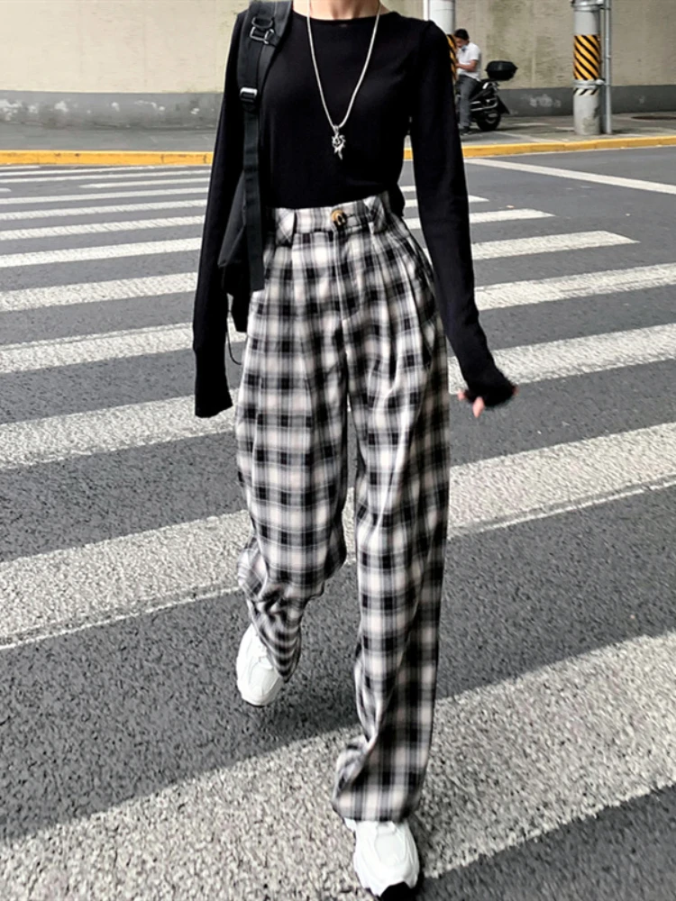 

HOUZHOU Korean Style Plaid Pants Women Students Jokers Grid Pants Black and White Checkered Pants Loose Plaid Trousers Women