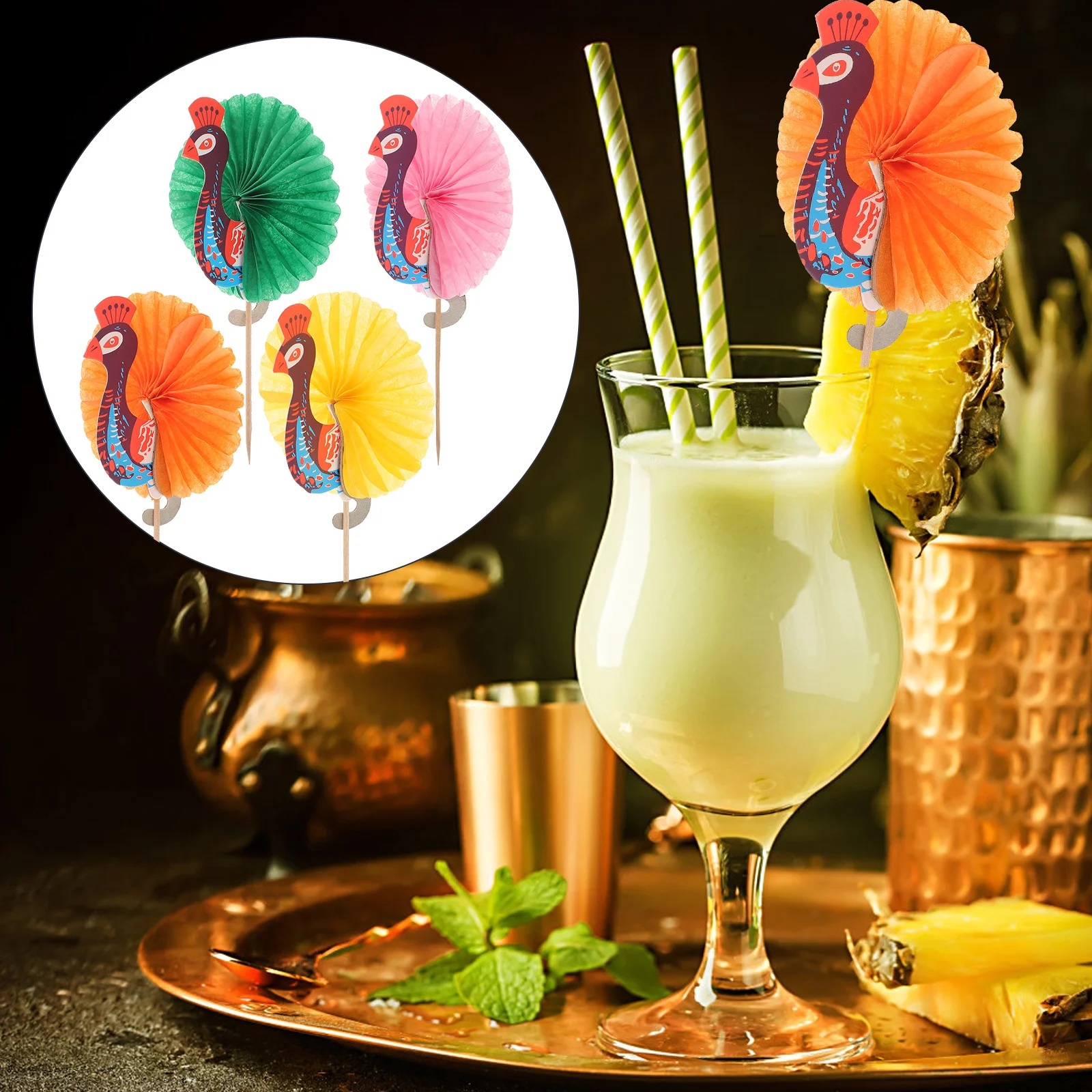 

Creative Cocktail Toppers Decorative Fruit Toothpicks Peacock Cocktail Decoration Fruit Stick (Assorted Color)