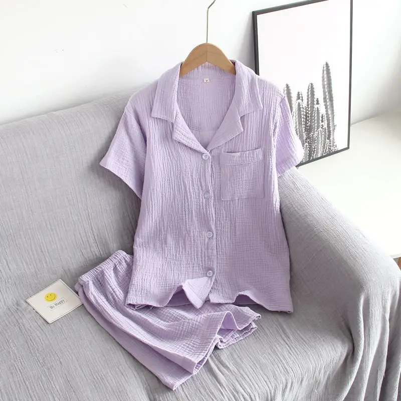 2023 Japanese New Summer Women's Pajama Set 100% Cotton Crepe Short Sleeve Shorts Two Piece Solid Color Simple Home Furnishing