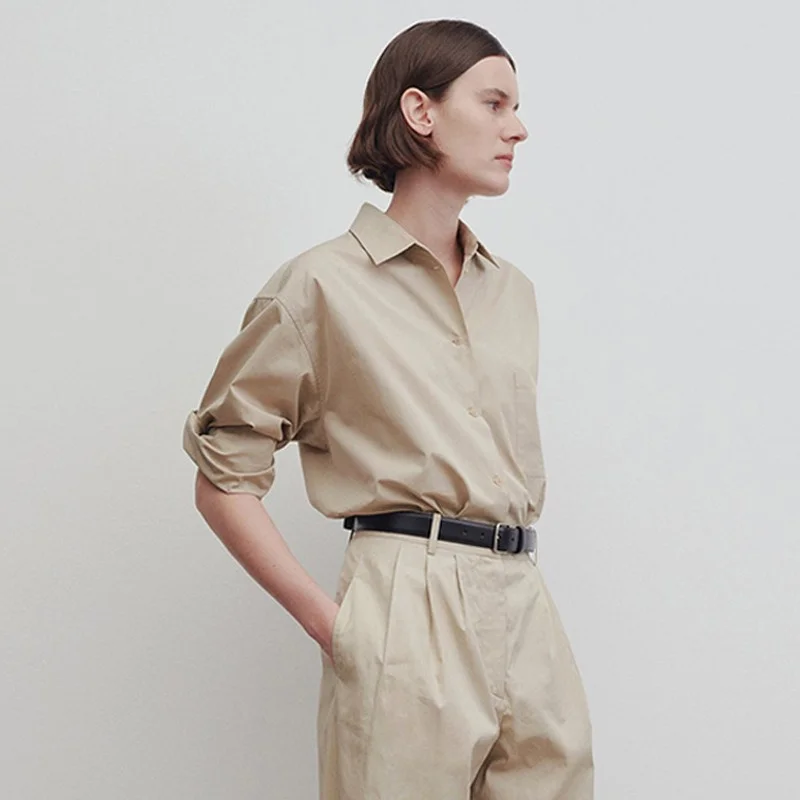 

THE ROW SHIRT Women's Spring/Summer 2023 Loose and Simple Commuter Long Sleeve Small Polo Collar Combed Washed Cotton Top