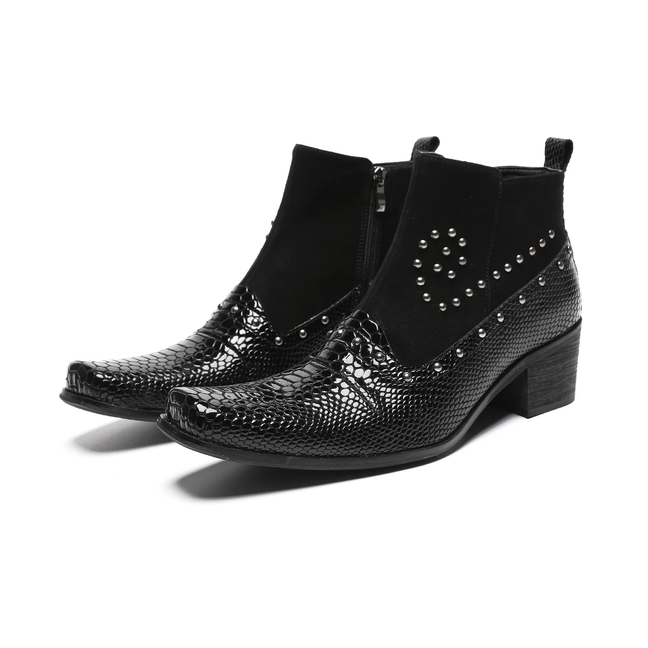 Ботильоны мужские из змеиной кожи Лоскутные ботинки на высоком каблуке с
