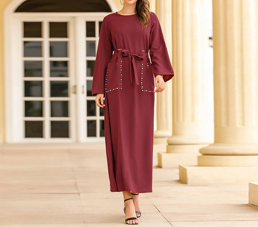 

2023 New Women's Muslim Robe with Dark Red Diamond Pockets Daytime Casual Robe Arab Middle East Women's Long Dresses