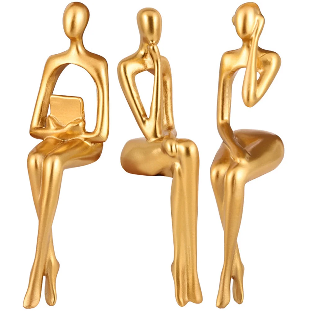 

3 Pcs Home Ornament Golden Thinker Statue Resin Thinker Statue Abstract Sitting Sculpture Library Decorative Objects