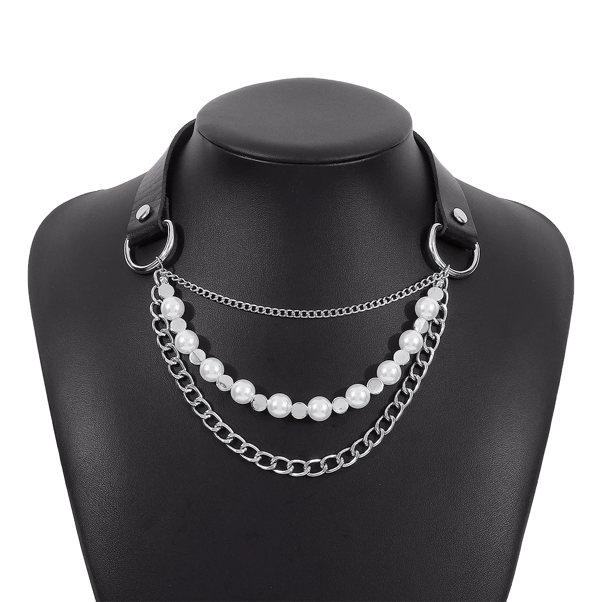 Irregular Choker Neckchain PU Leather Imitation Pearl Chain Multi element Exaggerated Necklace