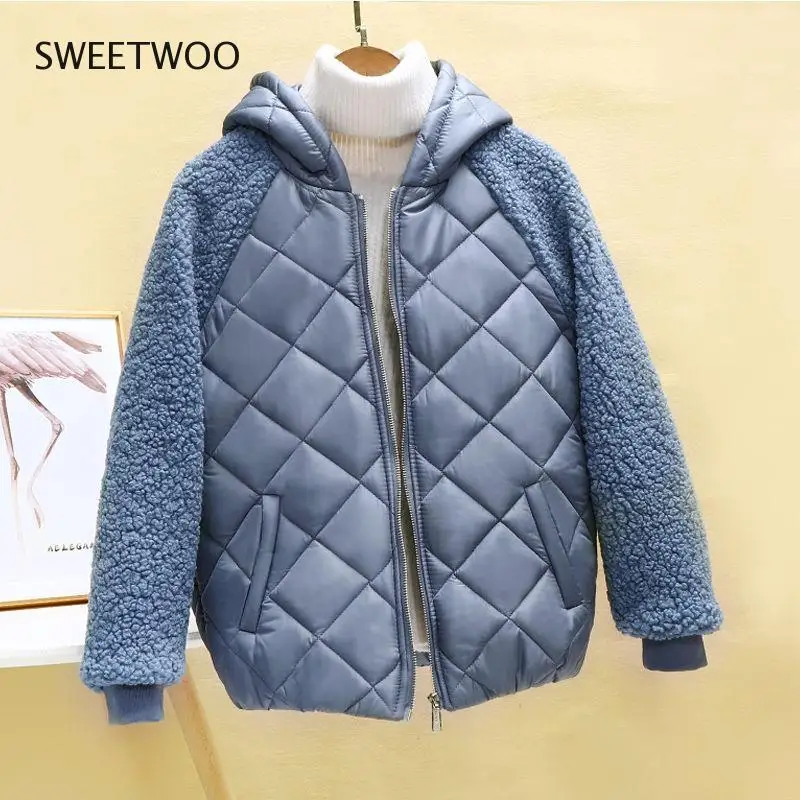 Thin Light Down Cotton Jacket Female Short Coat Autumn Winter Women's 2022 Hooded Loose Imitation Lamb Wool Cotton Jacket Tide