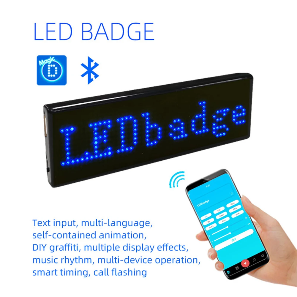 

Bluetooth LED Name Badge DIY Programmable Scrolling Message Board Multi-language Mini LED Tag Pattern Display for Party Meeting
