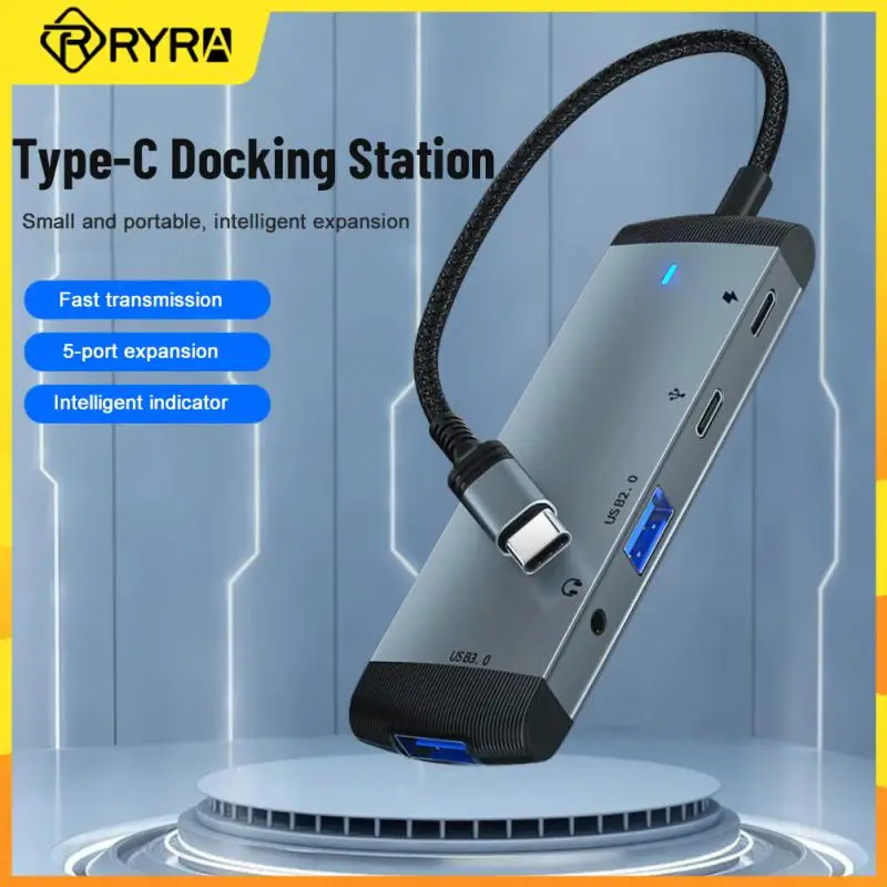 

RYRA 5-in-1 Type-C Hub USB 3.0 2.0 PD 60W Docking Station 3.5mm Audio Jack USB Splitter Adapter Computer Extender For Laptop
