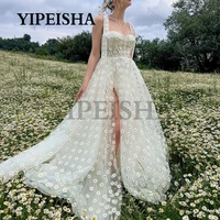 sexy sweetheart a line prom gown side high split see throguh long party dresses spaghetti strap simple flowers women daily dress