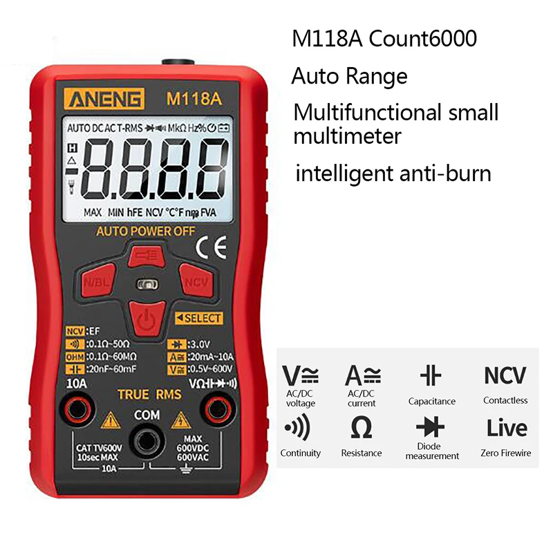 

ANENG M118A Digital Multimeter Portable AC/DC Tester Mini Resitance Meter RMS