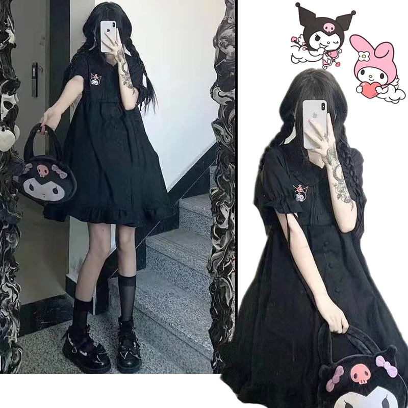 

Sanrio Embroidered Dress Kuromi Kawaii Spring Summer Loose Thin Lolita Skirt Female Dark Style Princess Tutu Skirt Dress Gifts
