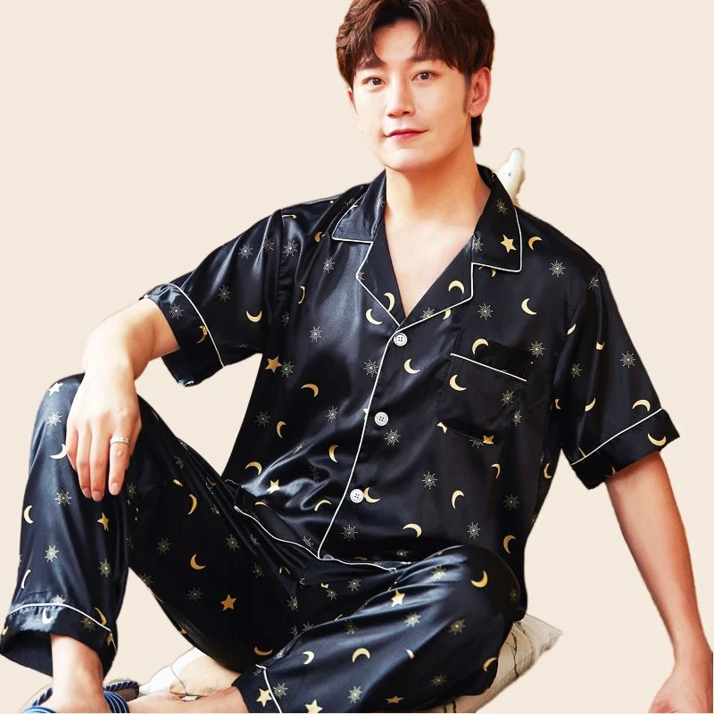 Men's Pajamas Set Short Sleeve T-shirt Long Pants 2Piece/Set Summer Sexy Dragon Print Rayon Pyjama Homewear Cozy PJS Big Size