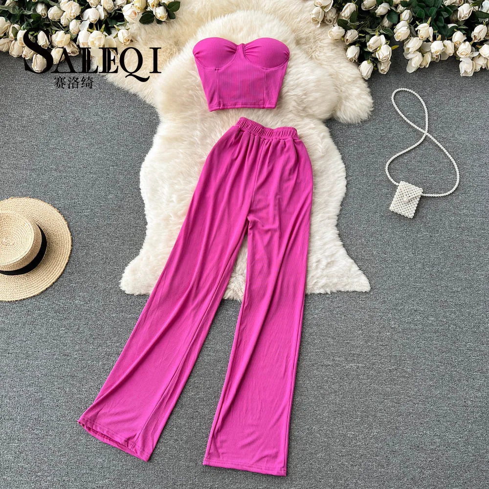 

Chic Two Pieces Sets Sexy Strapless Tube Crop Top Tank Top and Elastic High Waist Wide Leg Pants Women Casual Summer Sets Y2k