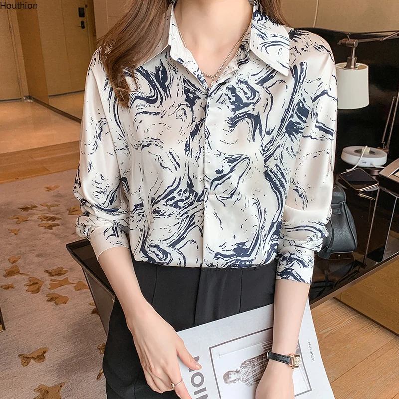 

Silk Women's Blouse Polo Girl's Shirt Summer Fashion Printing Loose Casual Long Sleeve Top Korean Style Female Clothing