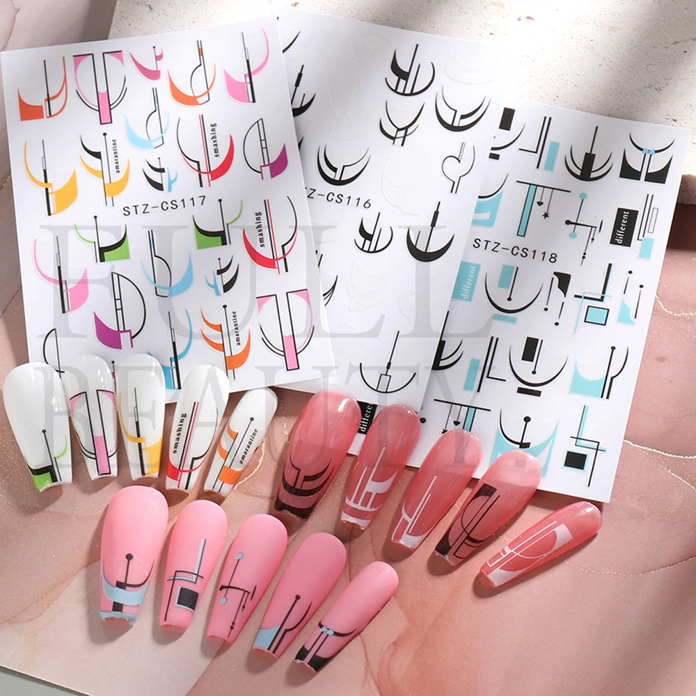 3D наклейка для ногтей с французским наконечником черные линии геометрические