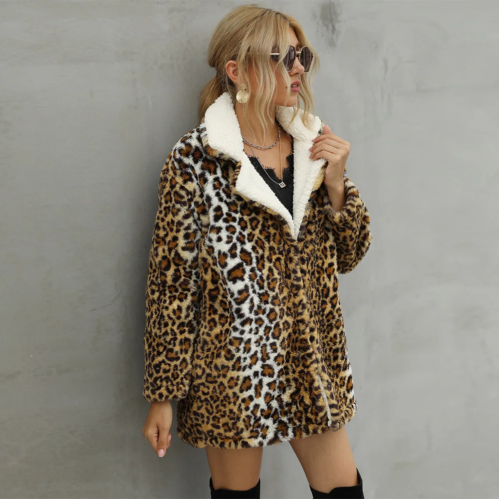 Women's Leather Fur Coat Leopard Print Stud for Autumn and Winter Plush Faux Fur Coat Women's Faux Fur Coat