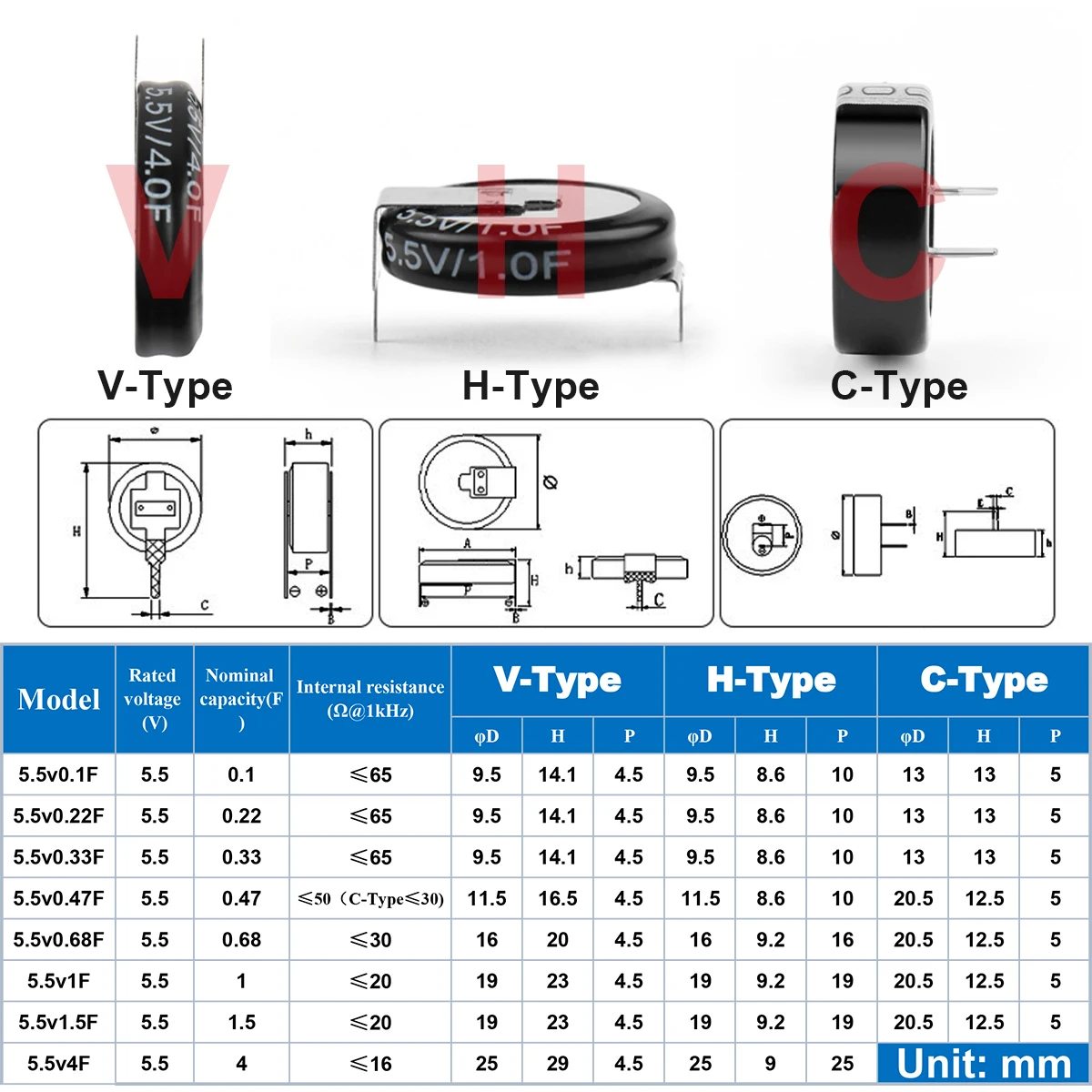 5.5V Super Capacitor 0.1F 0.22F 0.33F 0.47F 0.68F 1F 1.5F 4.0F Super Farad Capacitor H-Type V-Type C-Type Button Capacitance