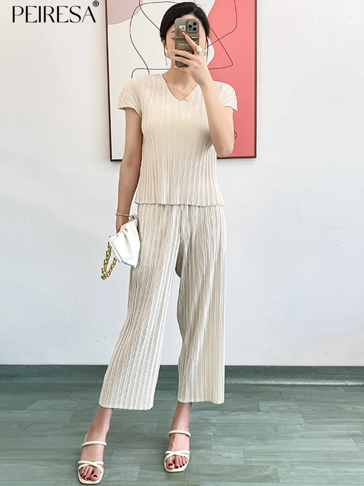 

PEIRESA Miyake Pleated Pant Sets For Women 2023 Summer New Solid V Neck Short Sleeve Tops + Elastic Waist Ankle-length Pants